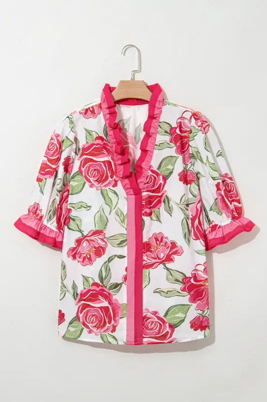 Plus Size Floral Print Frilled Stripe Short Sleeve Blouse – Rose made by Beagle Boutique