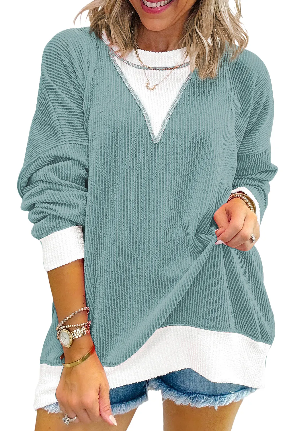 Ribbed Colourblock Drop Shoulder Loose Top – Teal sold by Beagle Boutique product image thumbnail 3