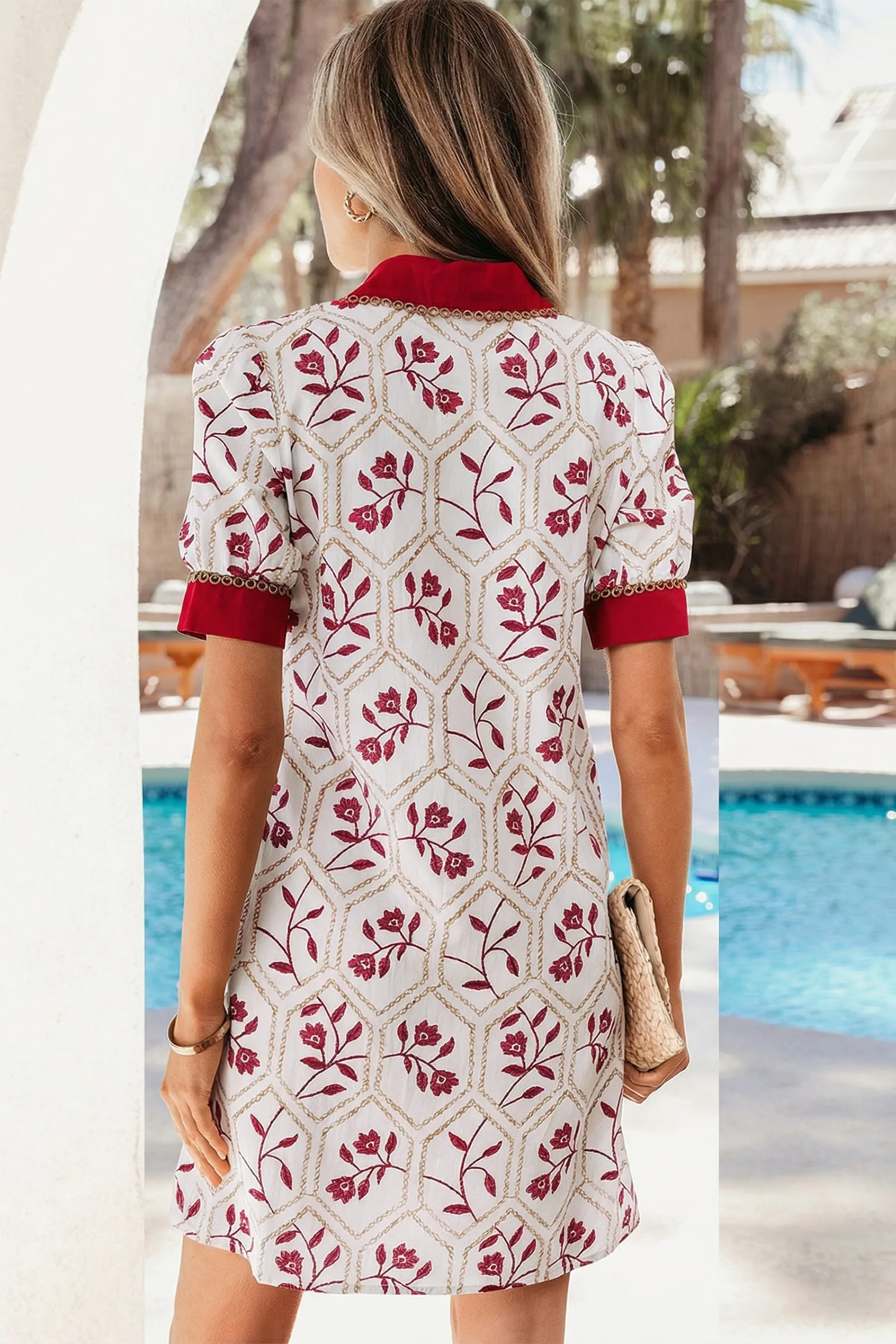 Geometric Floral Print Lace Trim Collared Short Sleeve Mini Dress sold by Beagle Boutique product image thumbnail 2