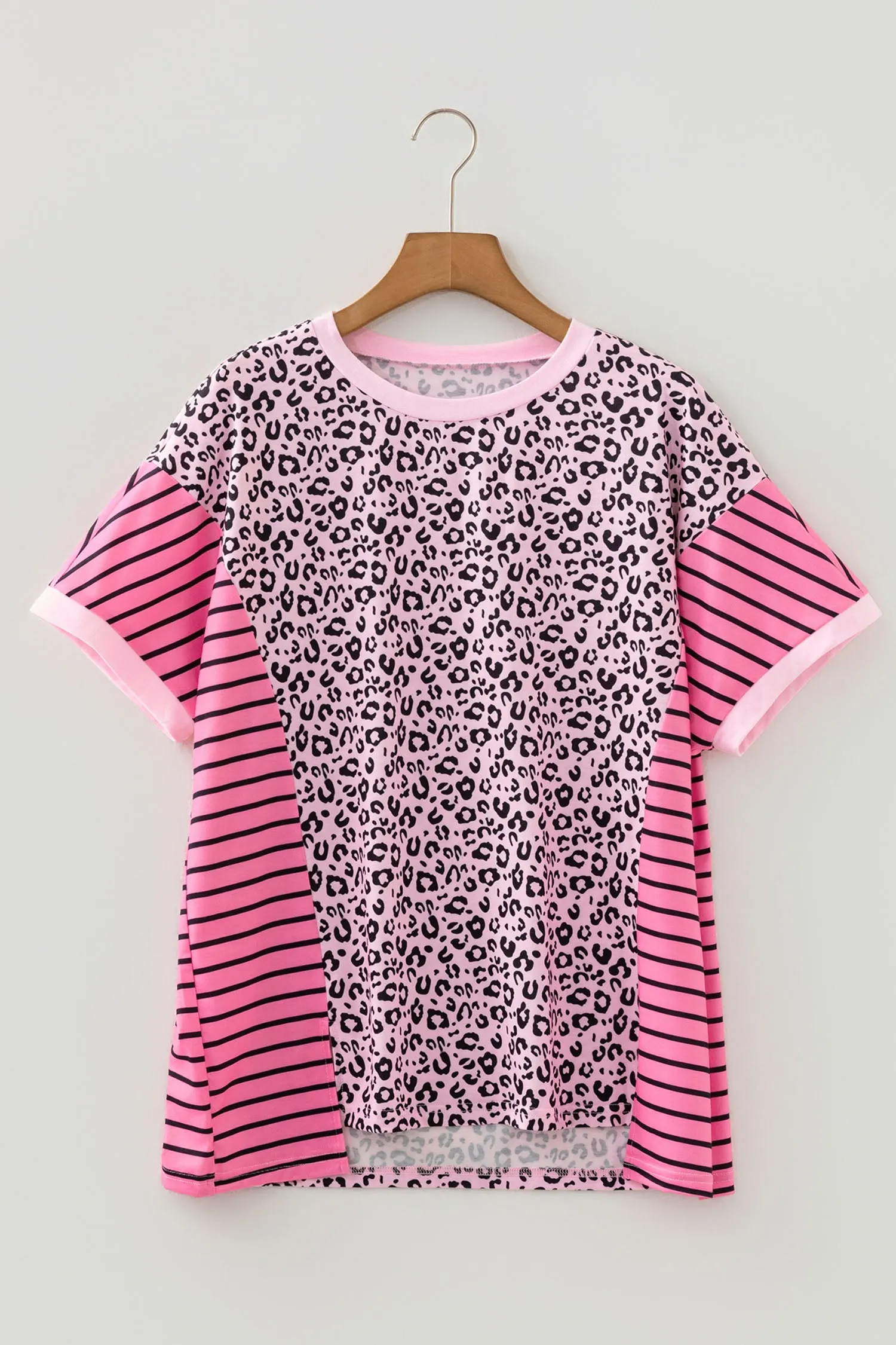 Plus Size Leopard Striped Contrast Patchwork Tee – Pink sold by Beagle Boutique product image thumbnail 3