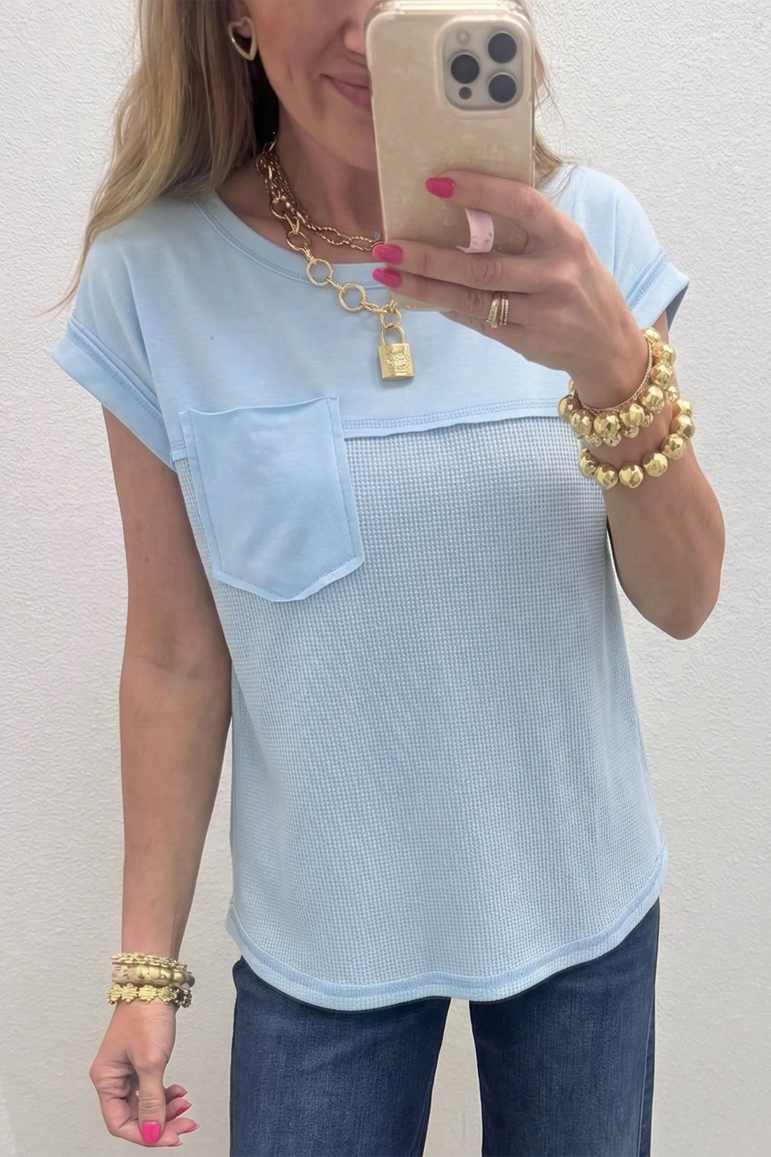 Raw Seam Waffle Knit Patchwork Casual T-Shirt sold by Beagle Boutique product image thumbnail 4