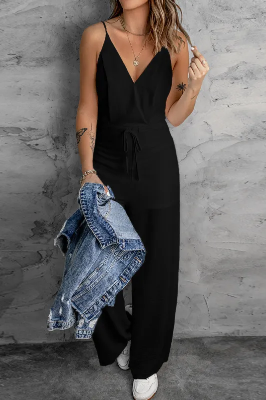 Spaghetti Strap Wide Leg Drawstring High Waist Jumpsuit made by eAura