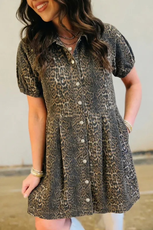 Leopard Print Puff Sleeve Pleated Denim Mini Dress made by Beagle Boutique