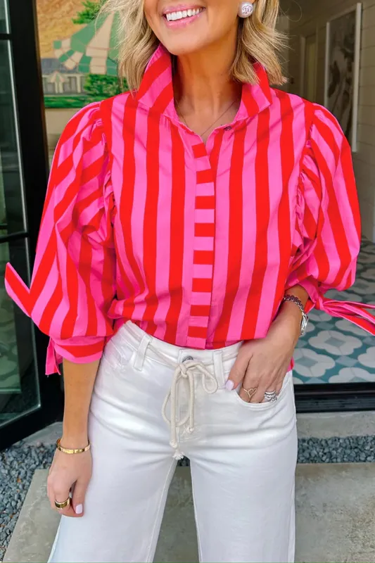 Striped Tie Puff Sleeve Button-Down Shirt made by eAura