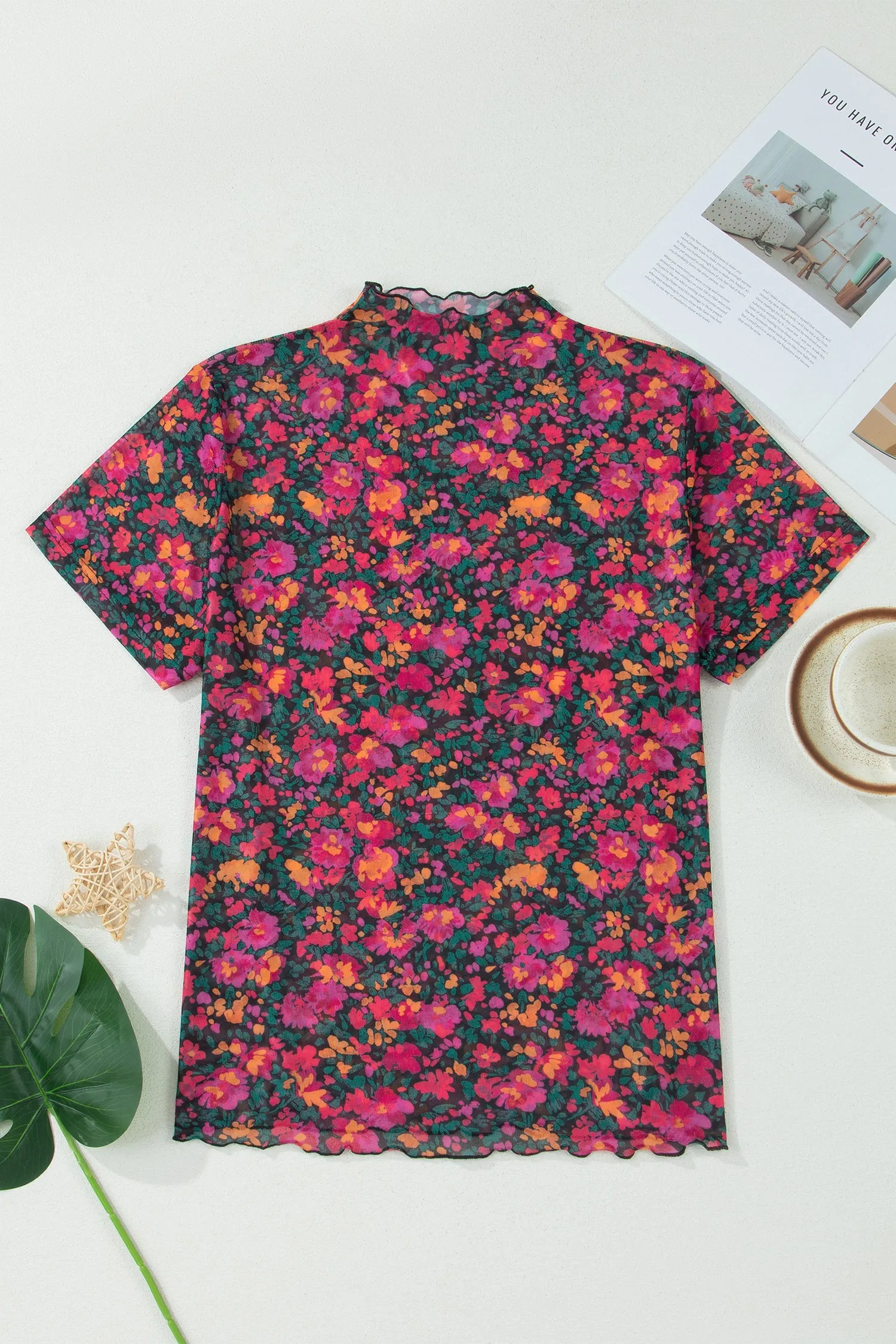 Plus Size Floral Print Sheer Mesh Short Sleeve Top – Rose sold by Beagle Boutique product image thumbnail 2