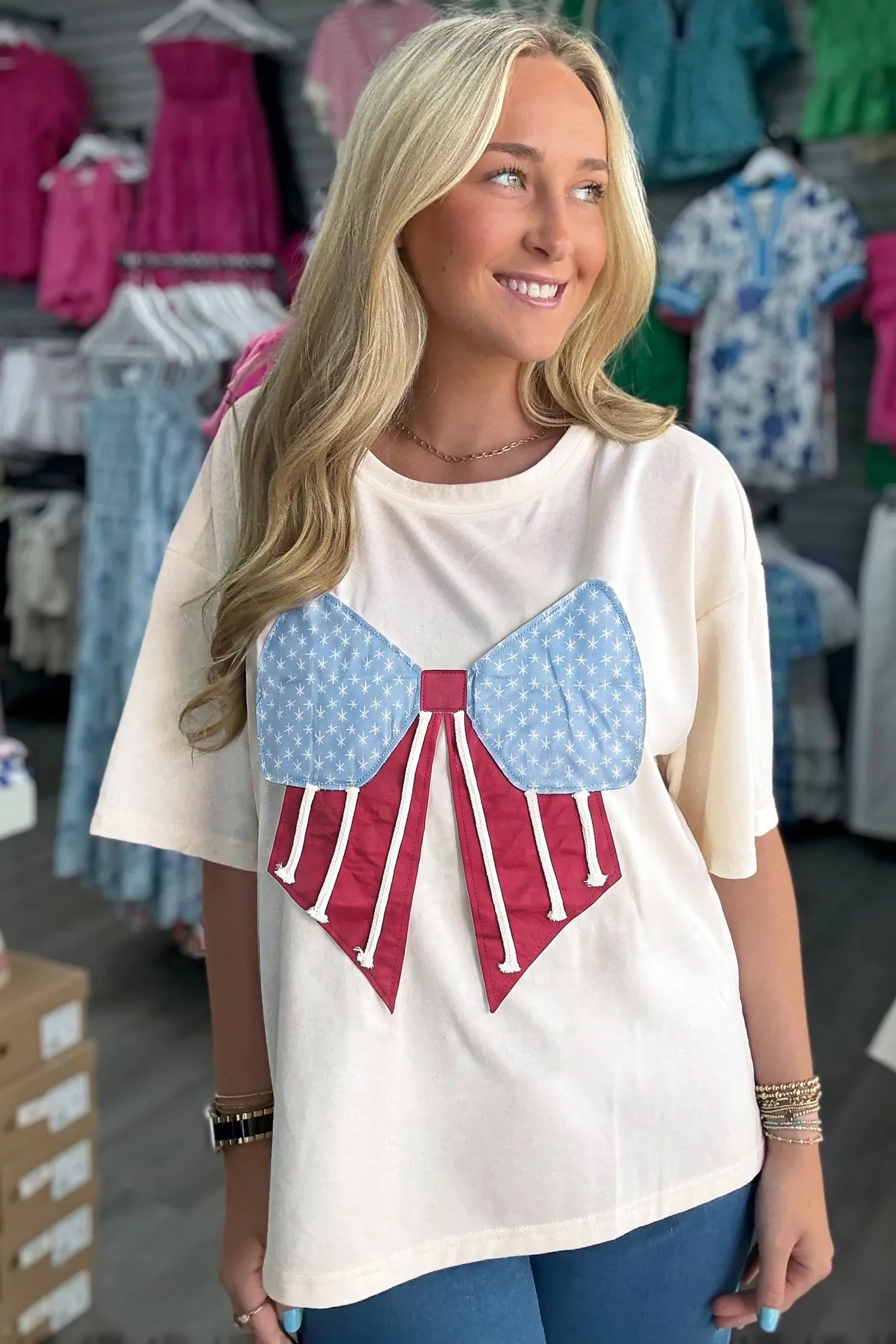 White Loose Knit Vintage Flag Bow Patched T-Shirt sold by Beagle Boutique product image thumbnail 2