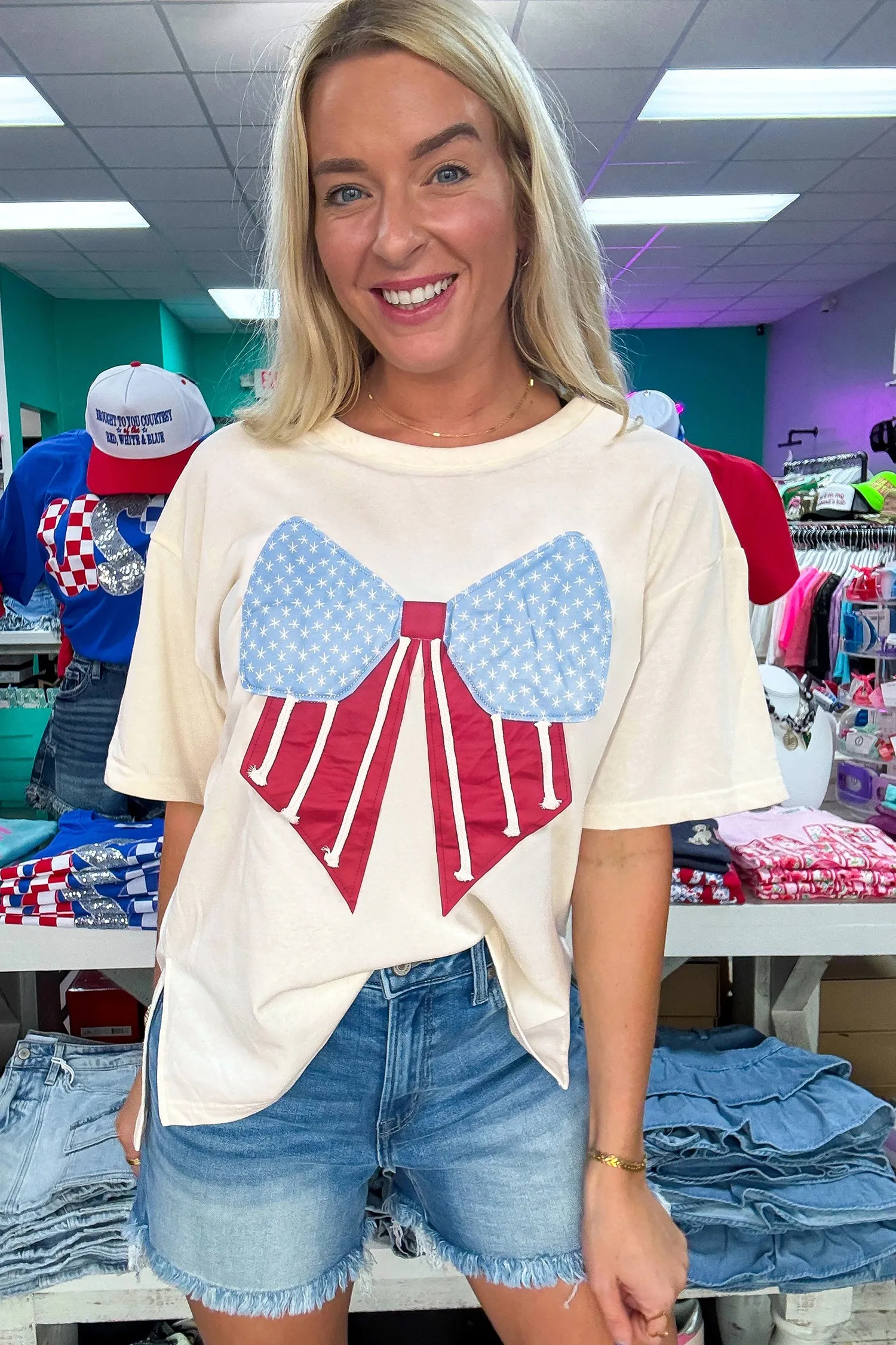 White Loose Knit Vintage Flag Bow Patched T-Shirt sold by Beagle Boutique product image thumbnail 3