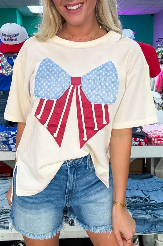 White Loose Knit Vintage Flag Bow Patched T-Shirt made by eAura
