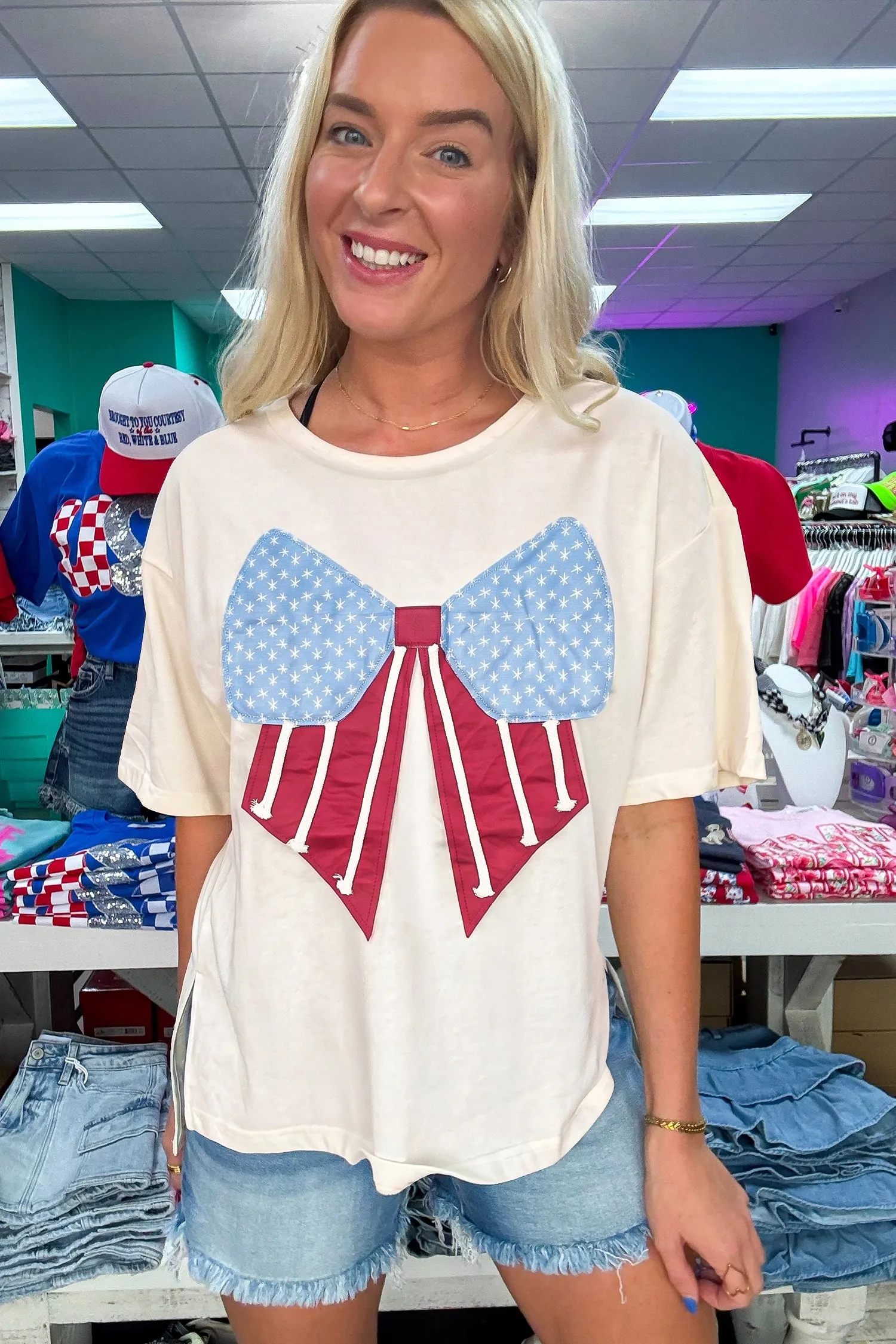 White Loose Knit Vintage Flag Bow Patched T-Shirt sold by Beagle Boutique product image thumbnail 4