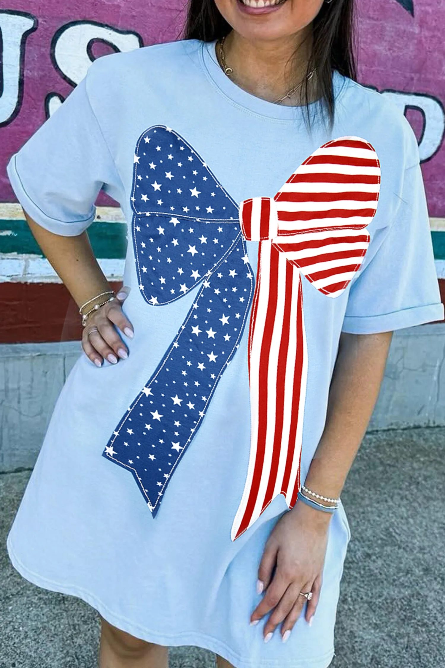 Big Bow Stitched T-Shirt Shift Mini Dress – Blue sold by Beagle Boutique product image thumbnail 3