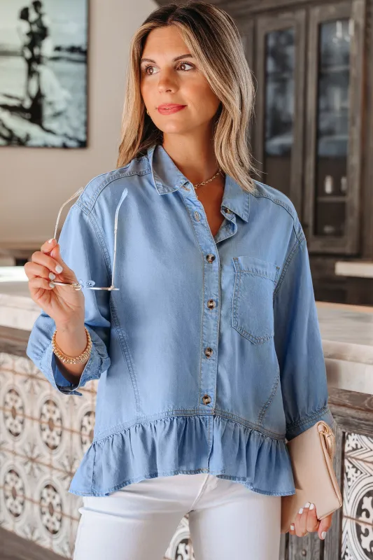 Half Sleeve Button-Down Ruffle Hem High-Low Chambray Shirt – Blue made by eAura