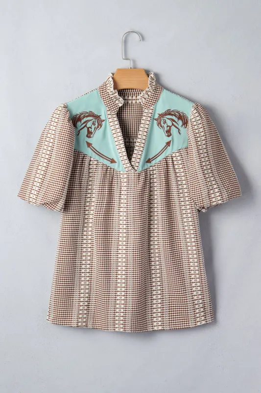 Western Pony Embroidered Yoke Puff Sleeve Gingham Blouse made by eAura