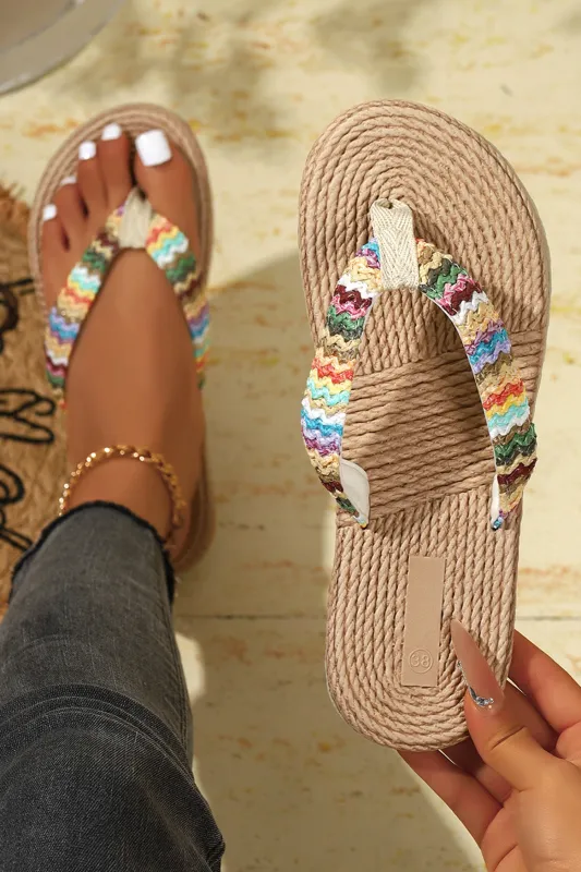 Boho Straw Woven Rainbow Strap Flip Flops – Khaki made by eAura
