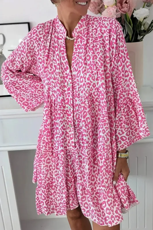 Leopard Print Long Sleeve Buttoned Front Mini Dress – Pink made by Beagle Boutique