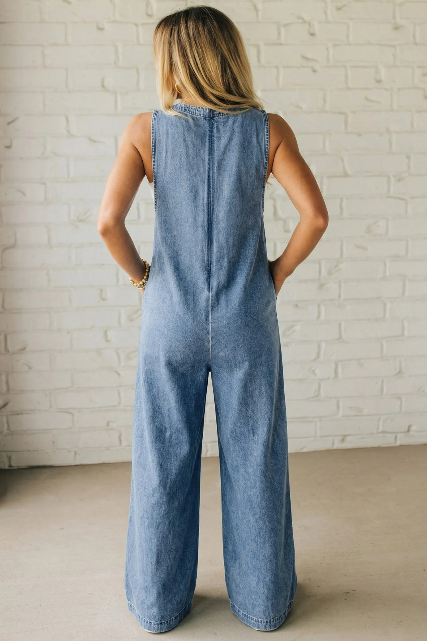 Acid Wash Pintuck Tie V Neck Denim Wide Leg Jumpsuit sold by Beagle Boutique product image thumbnail 2