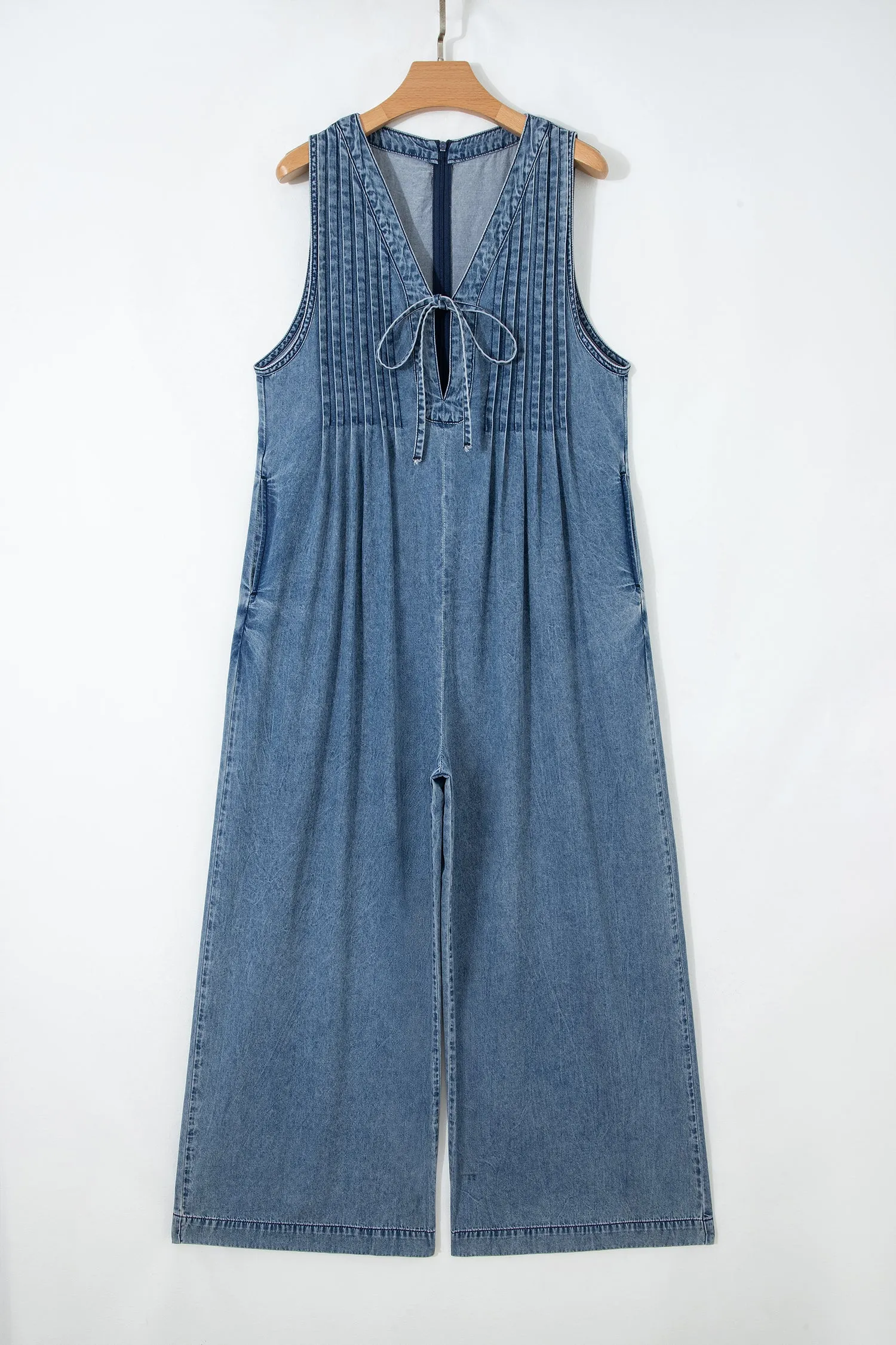 Acid Wash Pintuck Tie V Neck Denim Wide Leg Jumpsuit sold by Beagle Boutique product image thumbnail 4