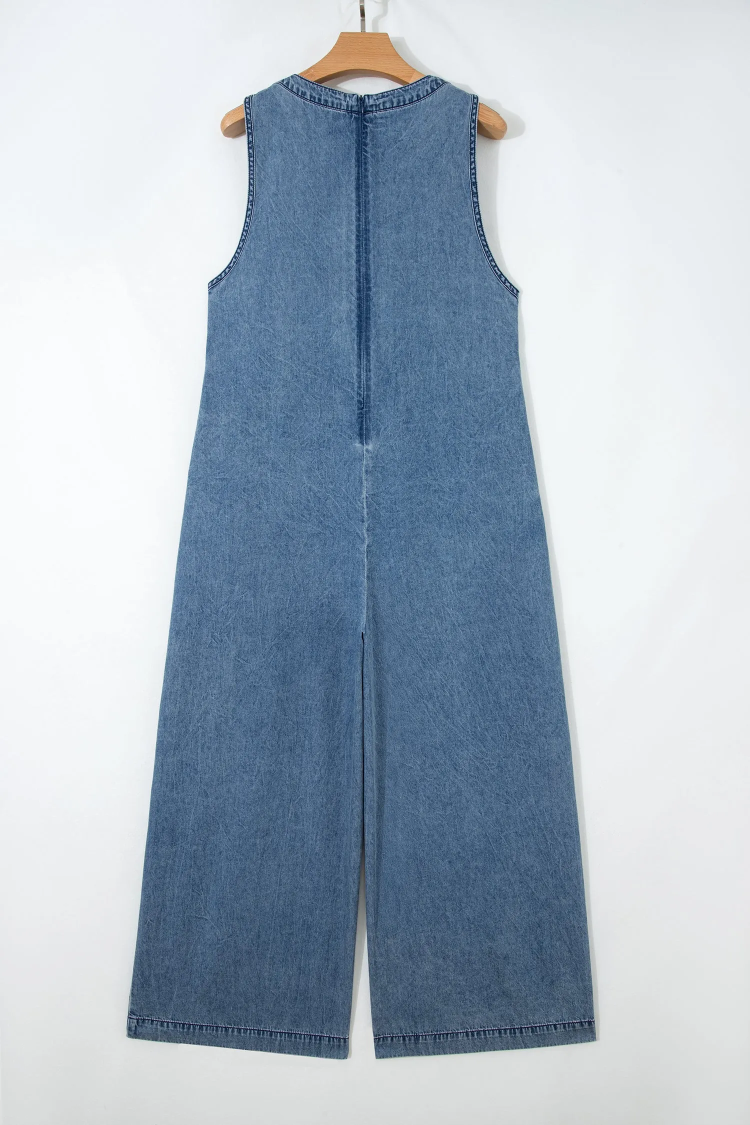 Acid Wash Pintuck Tie V Neck Denim Wide Leg Jumpsuit sold by Beagle Boutique product image thumbnail 5