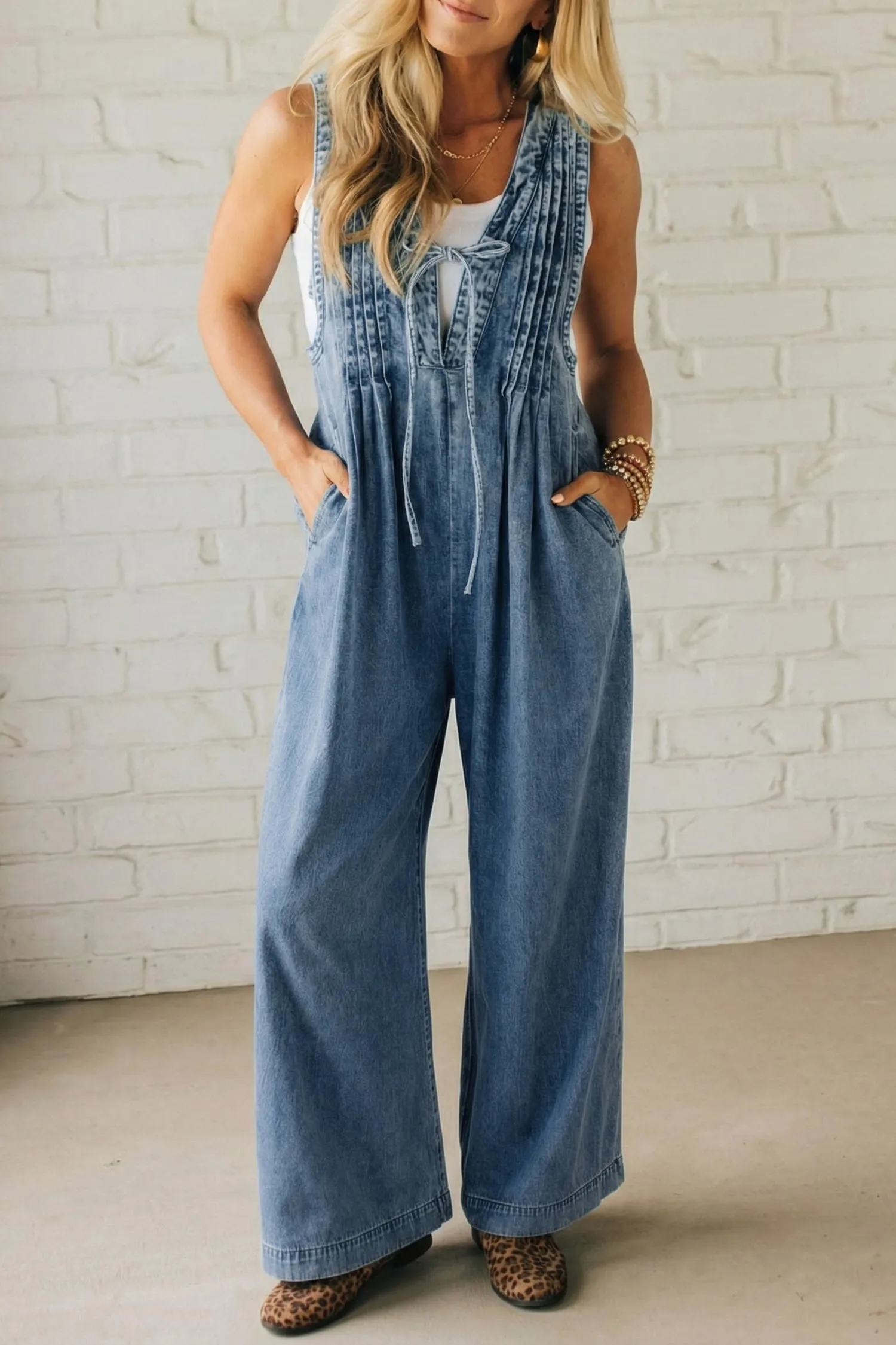 Acid Wash Pintuck Tie V Neck Denim Wide Leg Jumpsuit sold by Beagle Boutique