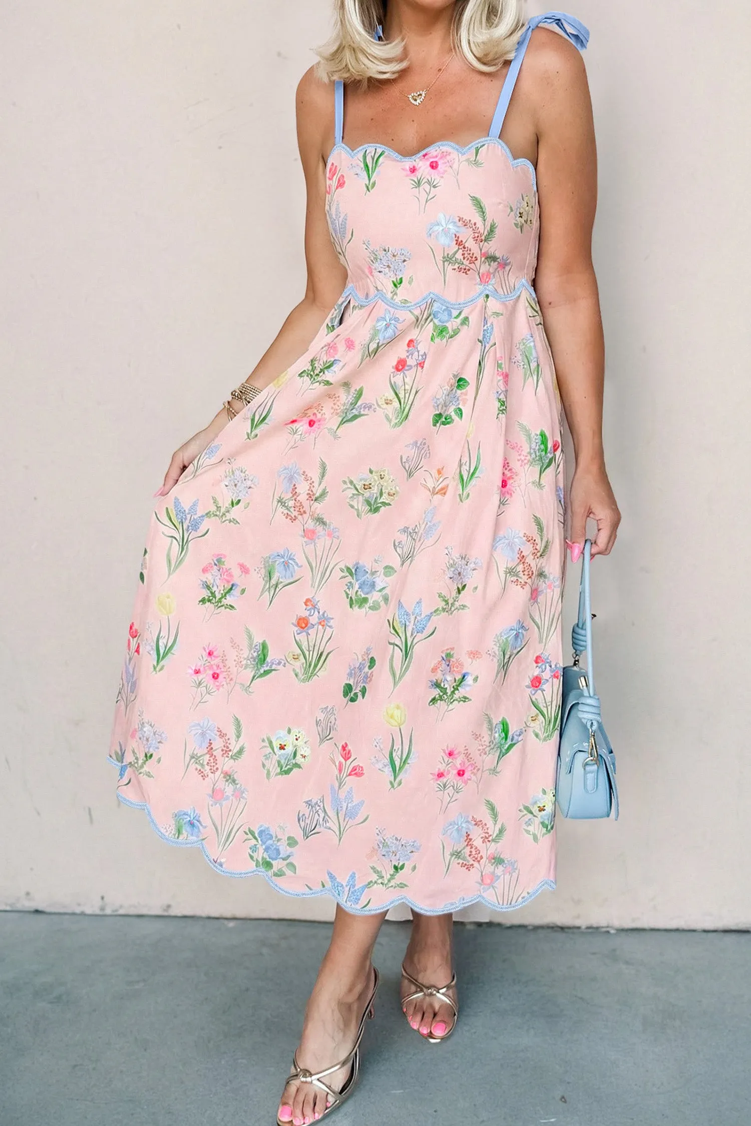 Floral Print Contrast Trim Self-Tie Straps Midi Dress sold by Beagle Boutique