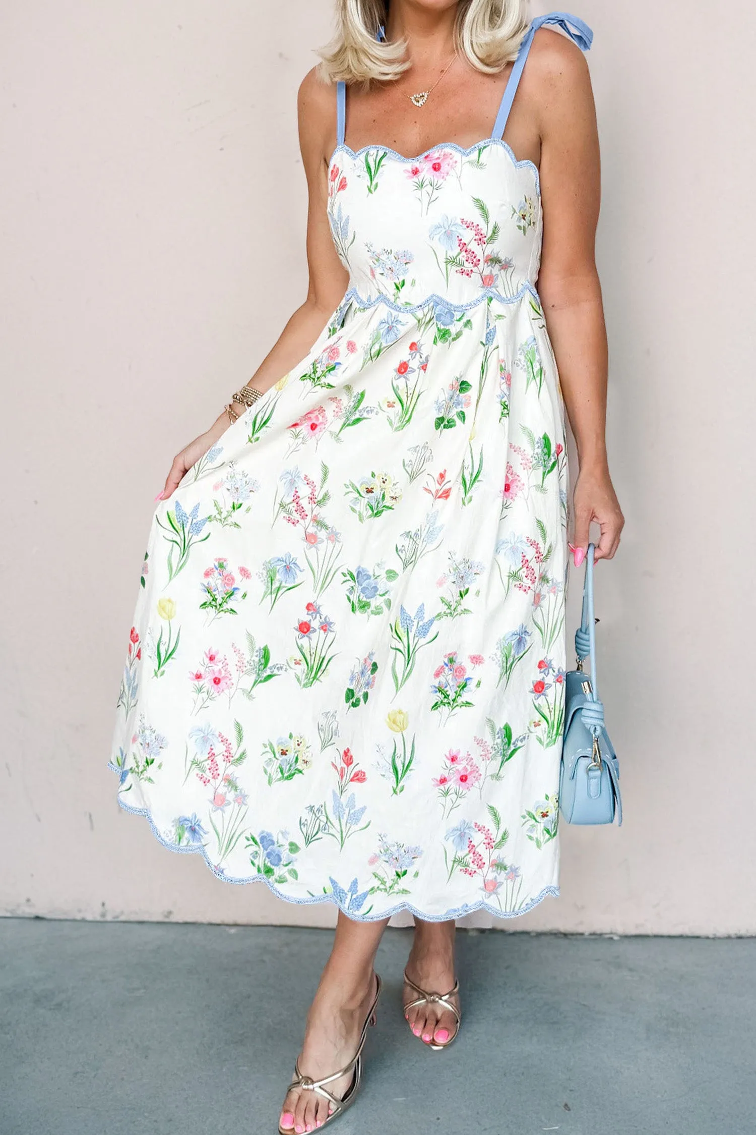 Floral Print Contrast Trim Self-Tie Straps Midi Dress sold by Beagle Boutique product image thumbnail 4