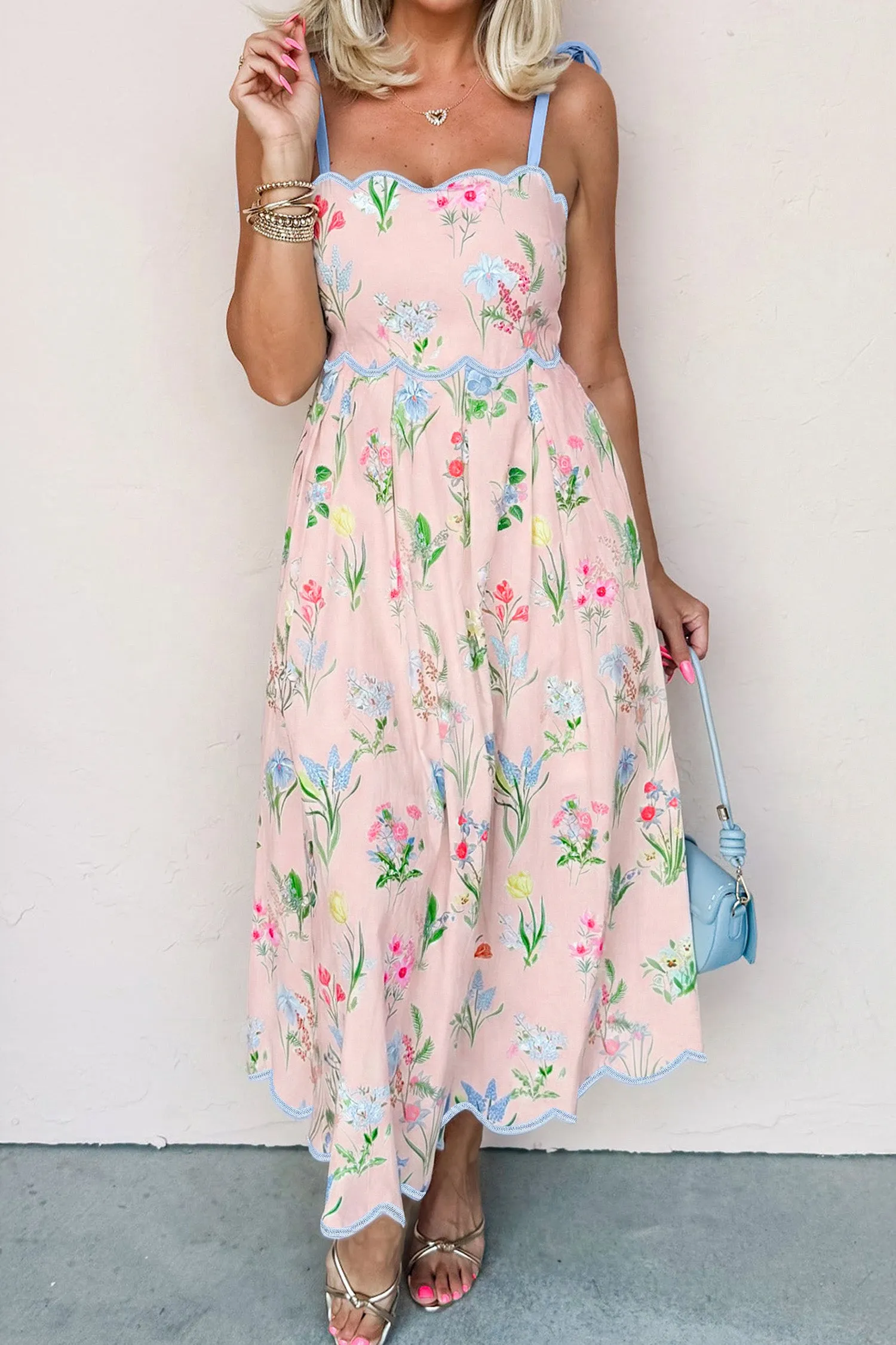 Floral Print Contrast Trim Self-Tie Straps Midi Dress sold by Beagle Boutique product image thumbnail 3