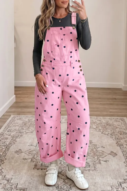 Polka Dot Print Bib Pocket Denim Barrel Overalls made by eAura