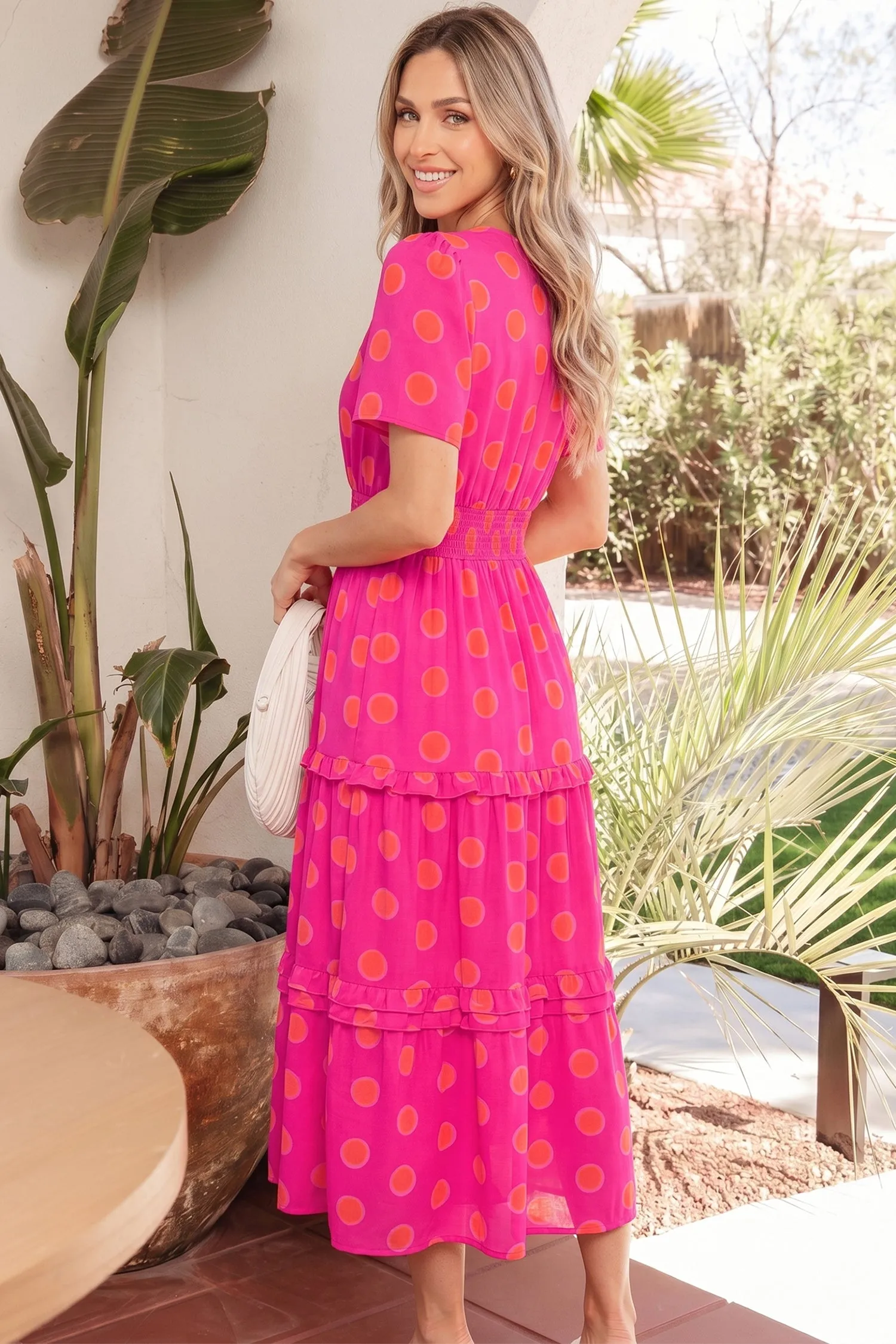 Rose Polka Dot Short Sleeve Shirred High Waist Midi Dress sold by Beagle Boutique product image thumbnail 2