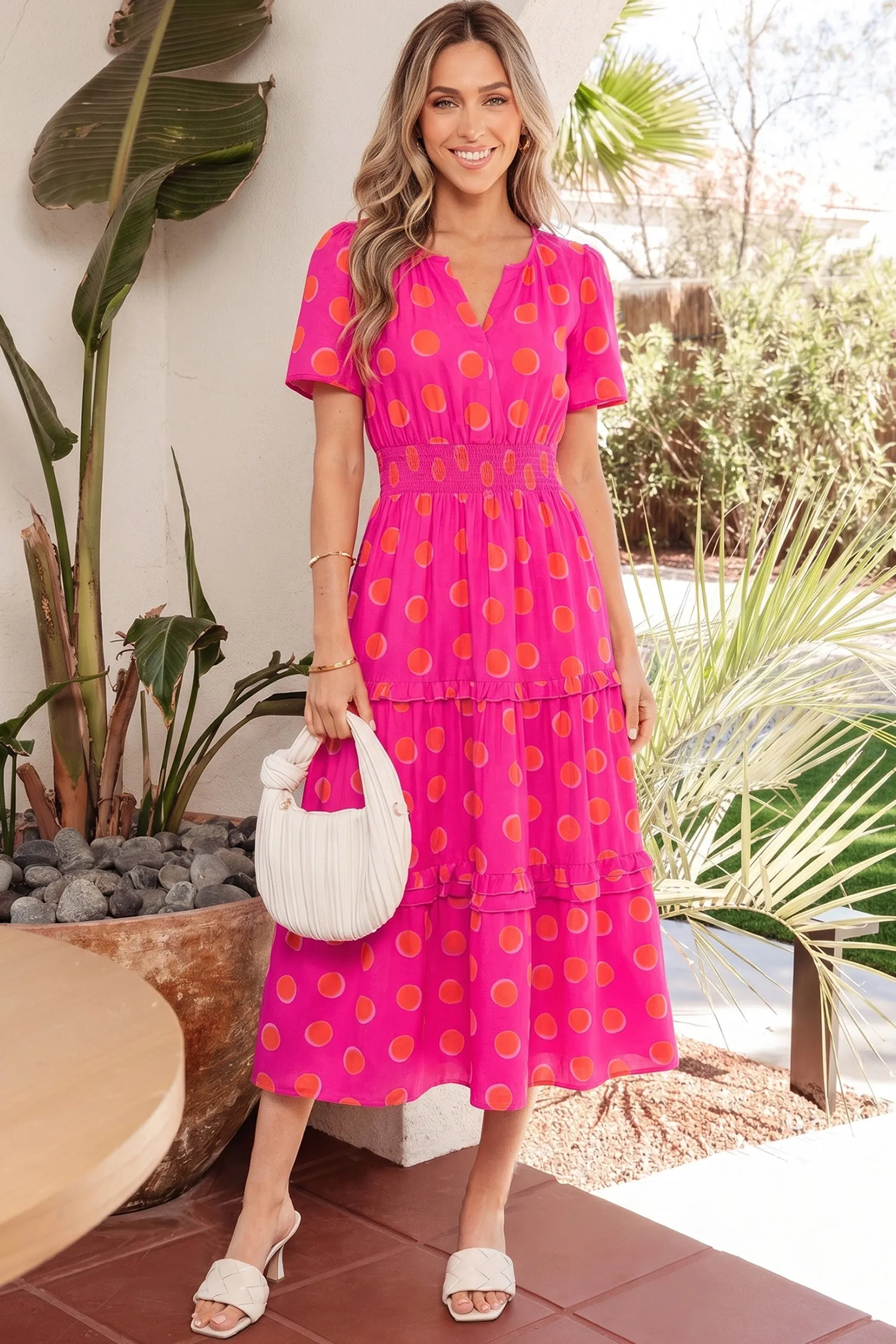Rose Polka Dot Short Sleeve Shirred High Waist Midi Dress sold by Beagle Boutique