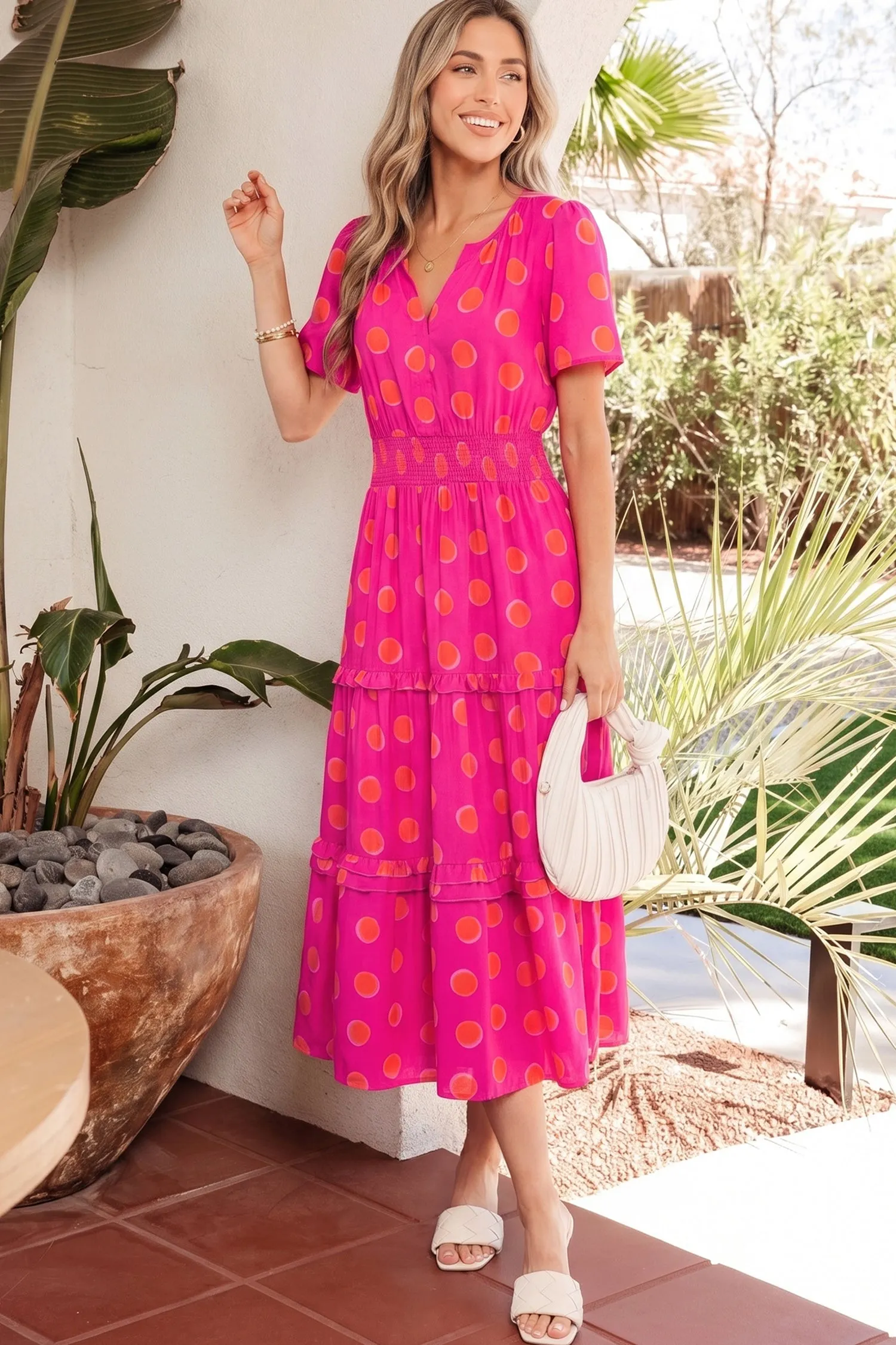 Rose Polka Dot Short Sleeve Shirred High Waist Midi Dress sold by Beagle Boutique product image thumbnail 5