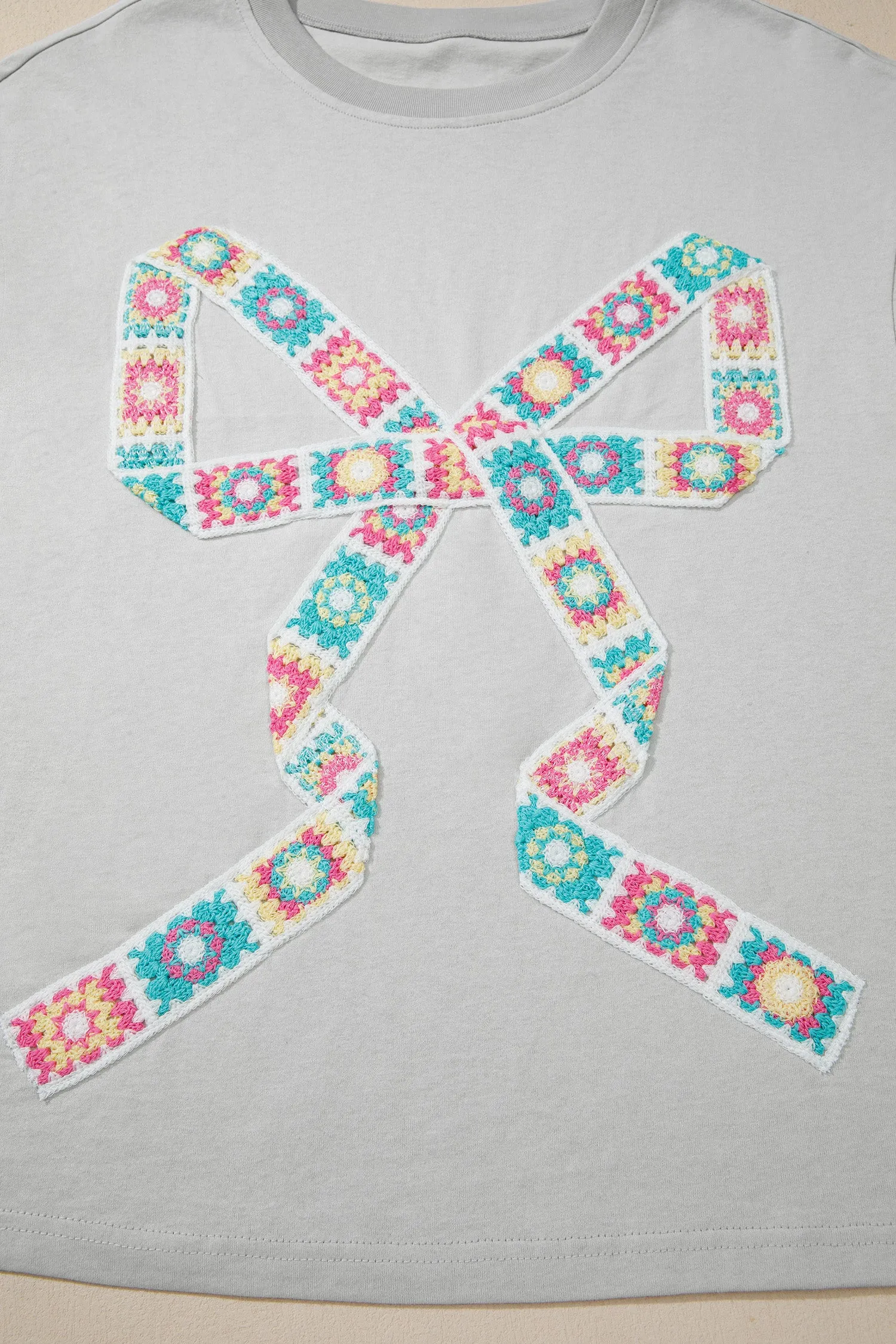 Light Grey Floral Crochet Bow Patched Cotton T-Shirt sold by Beagle Boutique product image thumbnail 5