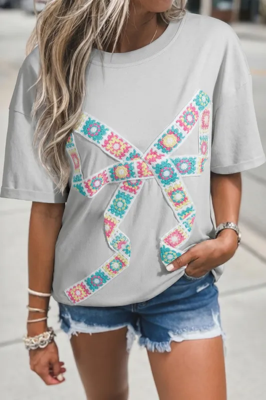 Light Grey Floral Crochet Bow Patched Cotton T-Shirt made by eAura