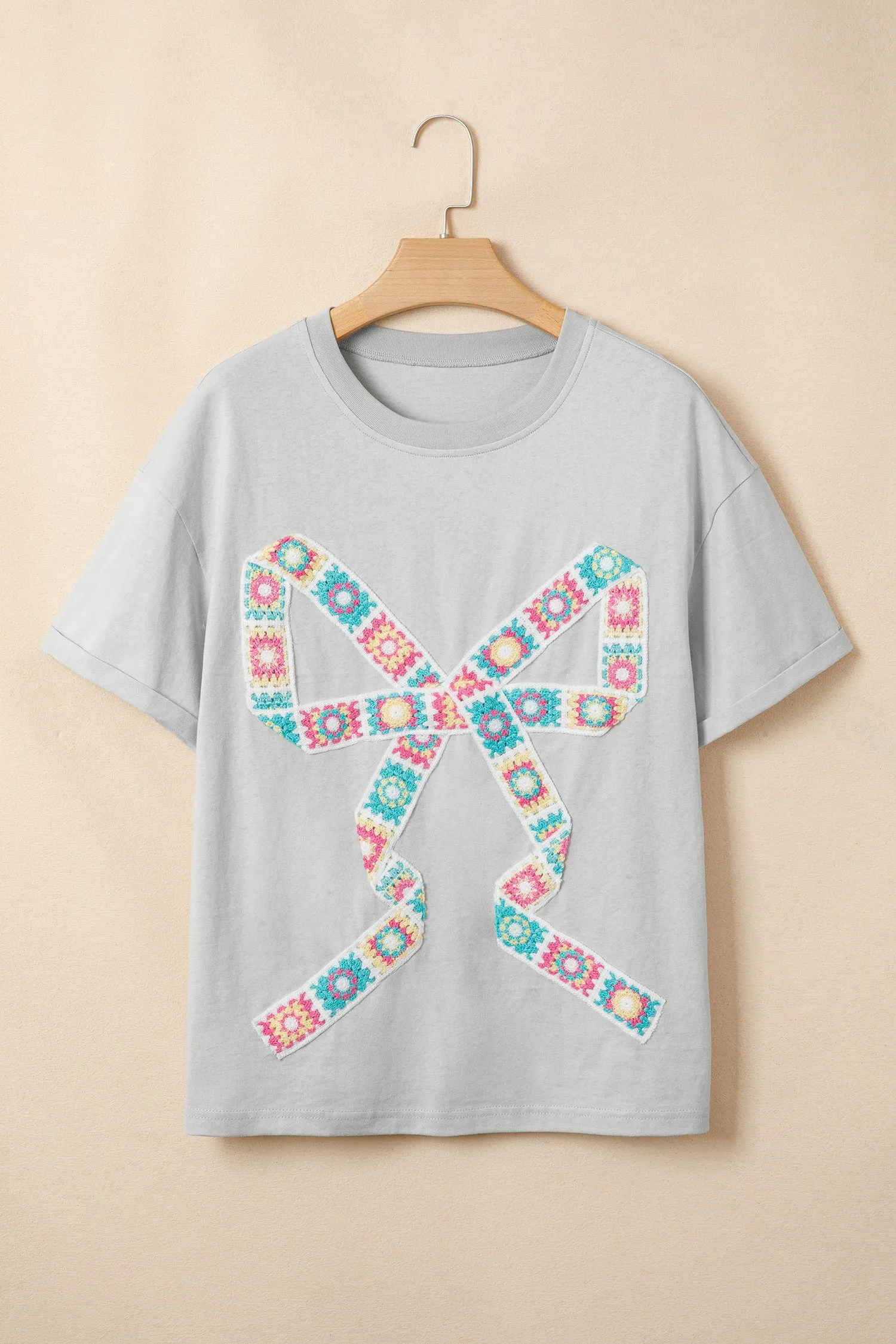 Light Grey Floral Crochet Bow Patched Cotton T-Shirt sold by Beagle Boutique product image thumbnail 3