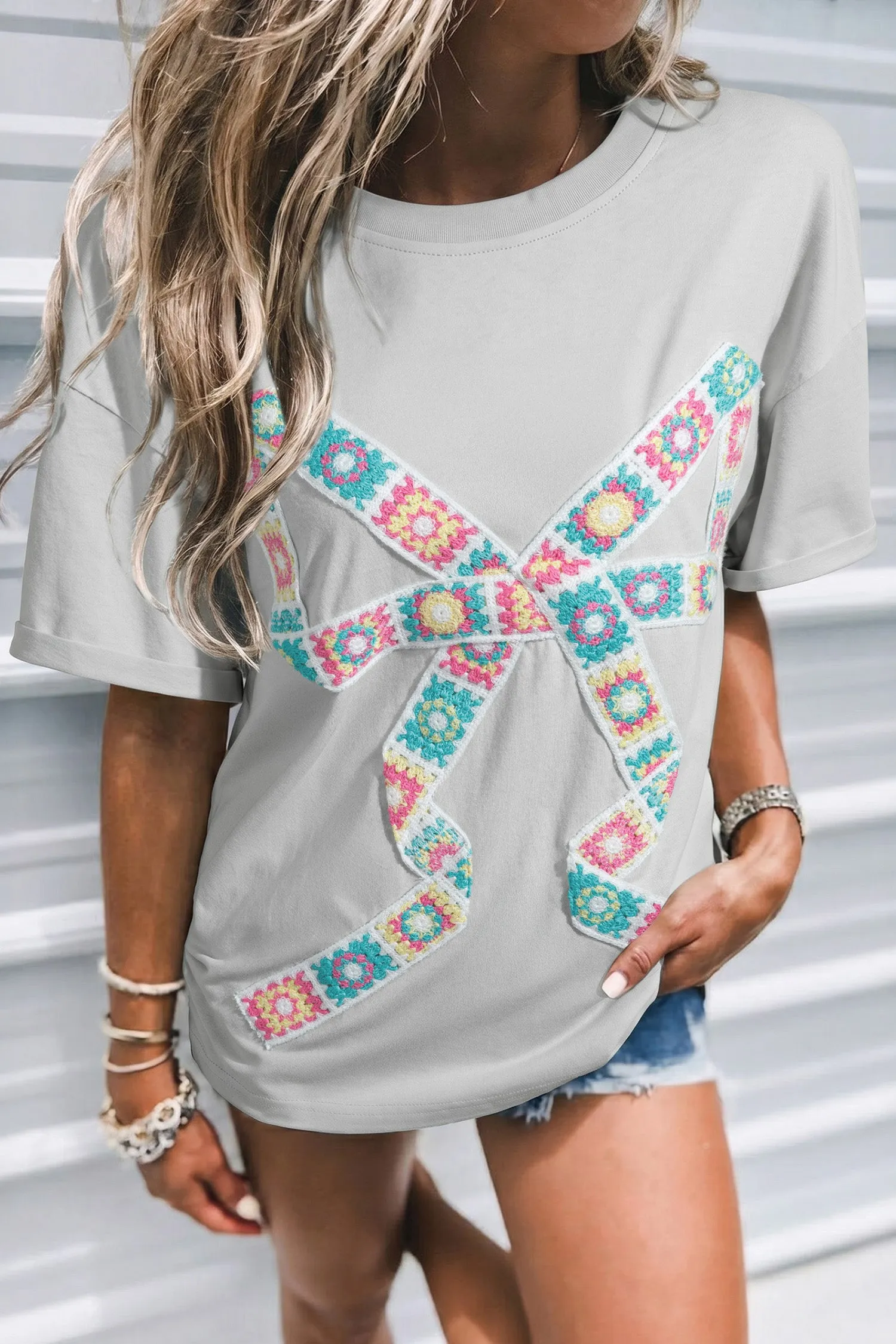 Light Grey Floral Crochet Bow Patched Cotton T-Shirt sold by Beagle Boutique product image thumbnail 2