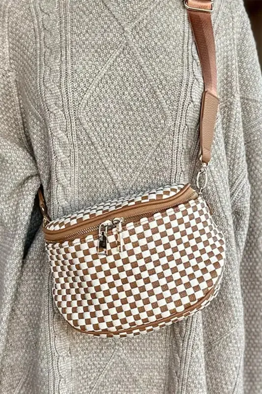 Straw Yellow Checkerboard Woven Zip Crossbody Bag made by eAura