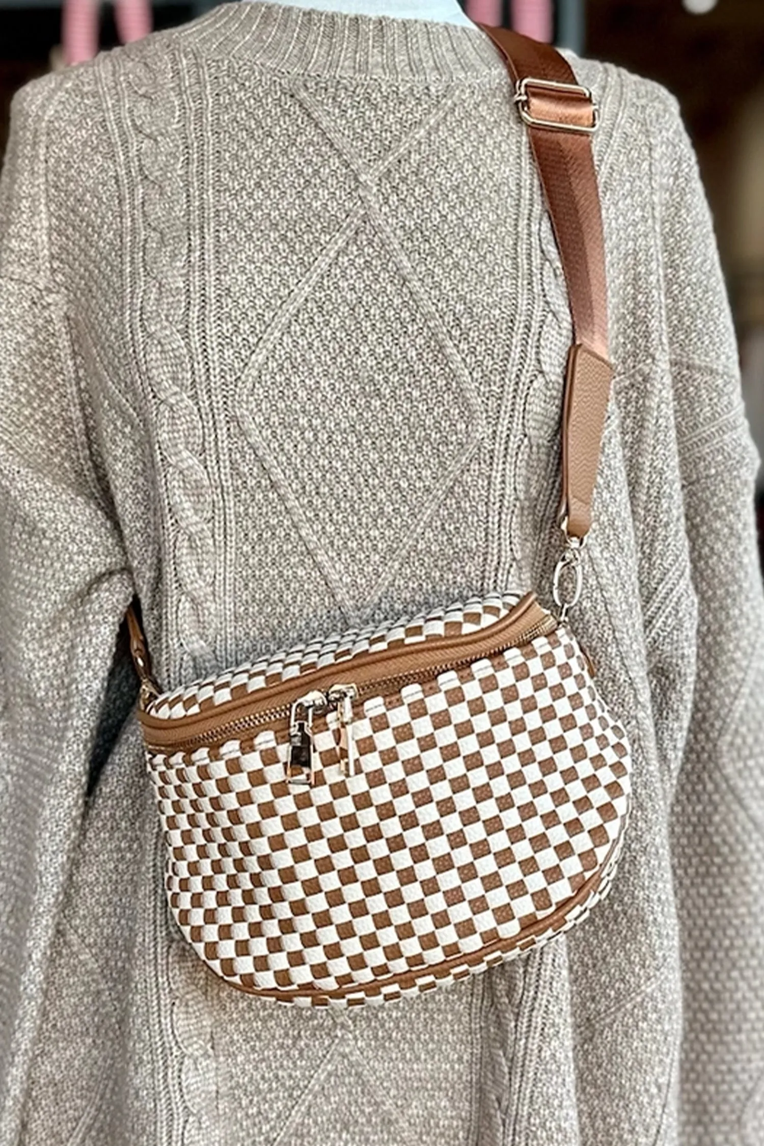 Straw Yellow Checkerboard Woven Zip Crossbody Bag sold by Beagle Boutique product image thumbnail 2
