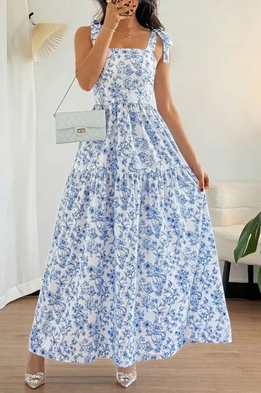 Sky Blue Floral Print Knot Straps High Waist Flared Maxi Dress made by Beagle Boutique