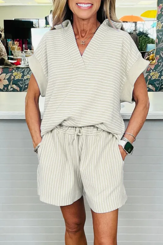 Stripe Dolman Sleeve Polo & Drawstring Shorts Co-ord Set made by eAura
