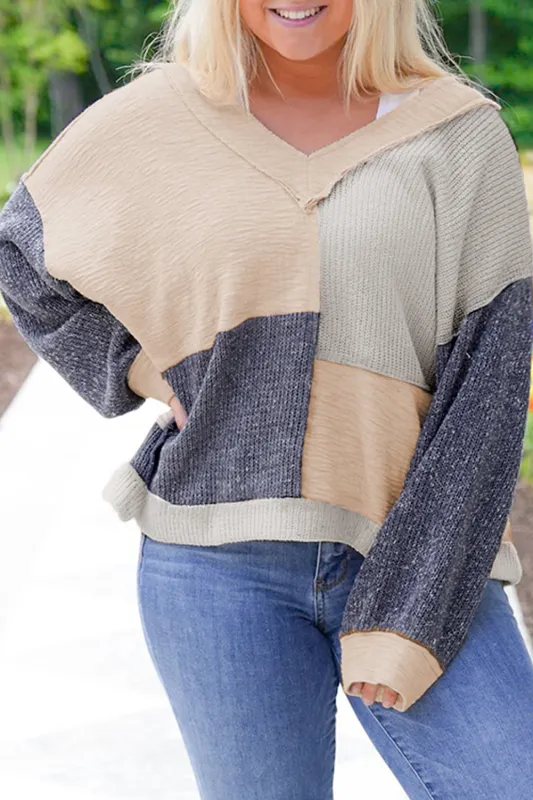 Plus Size Textured Colourblock Patchwork V-Neck Top – Blue made by Beagle Boutique