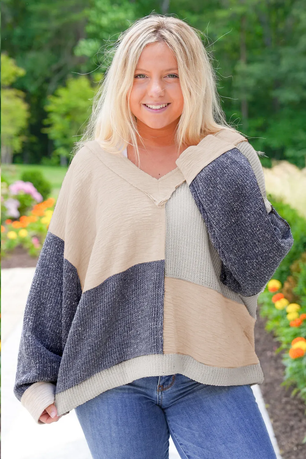Plus Size Textured Colourblock Patchwork V-Neck Top – Blue sold by Beagle Boutique product image thumbnail 4
