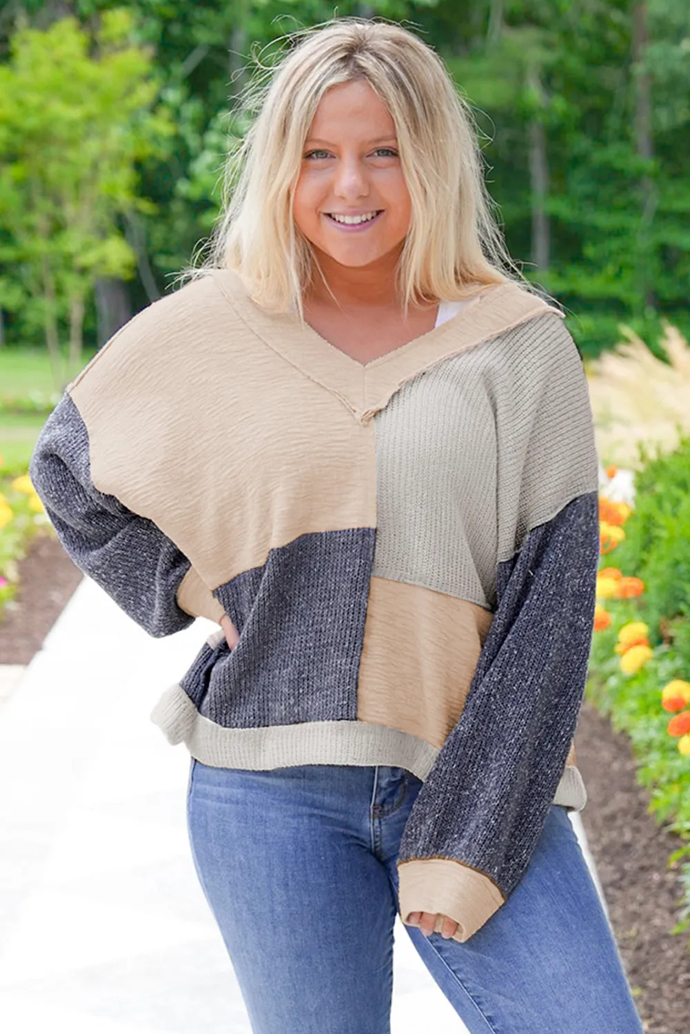 Plus Size Textured Colourblock Patchwork V-Neck Top – Blue sold by Beagle Boutique product image thumbnail 5