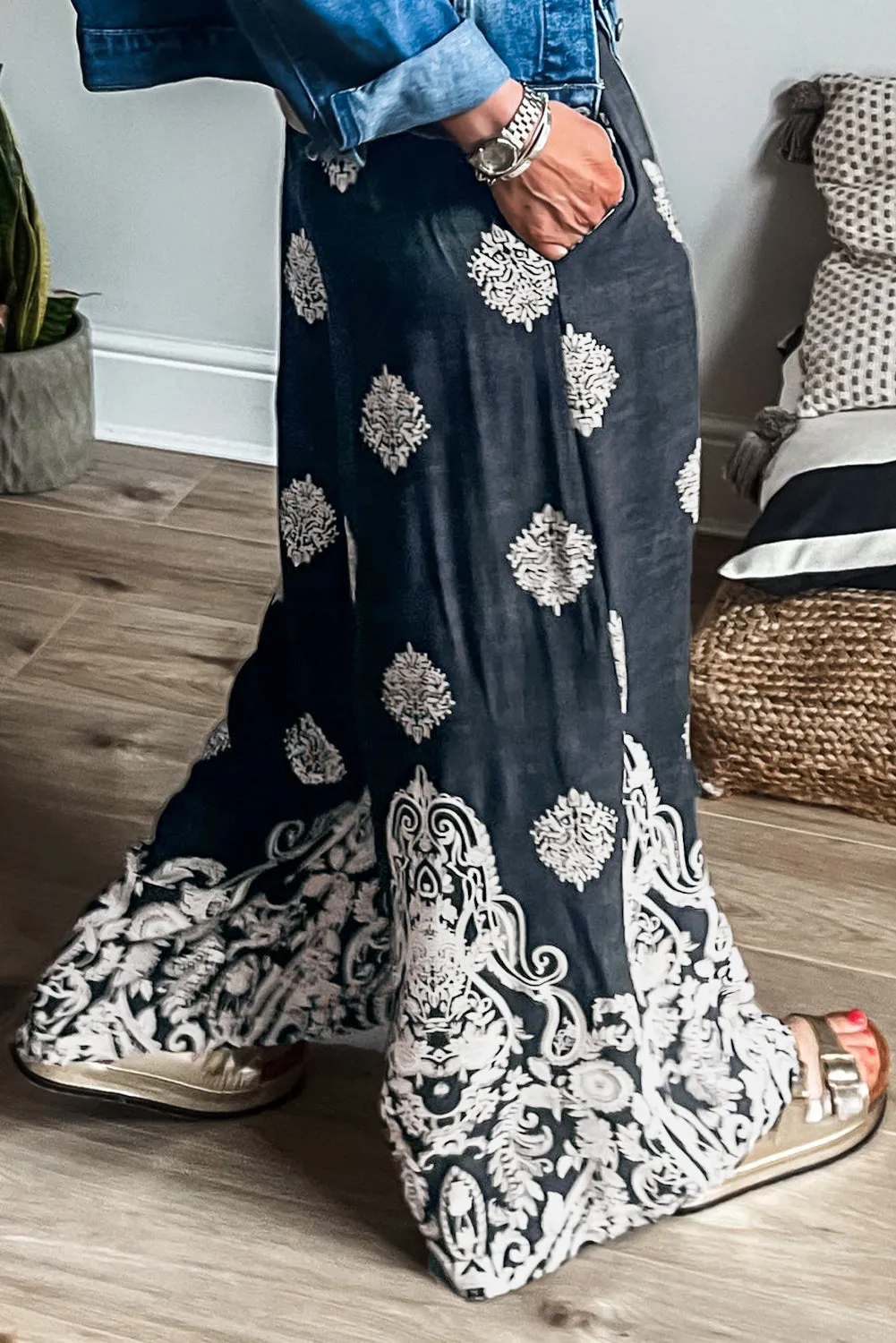 Plus Size Geometric Ethnic Print Drawstring Wide Leg Trousers – Black sold by Beagle Boutique product image thumbnail 2
