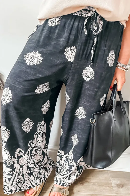 Plus Size Geometric Ethnic Print Drawstring Wide Leg Trousers – Black made by Beagle Boutique