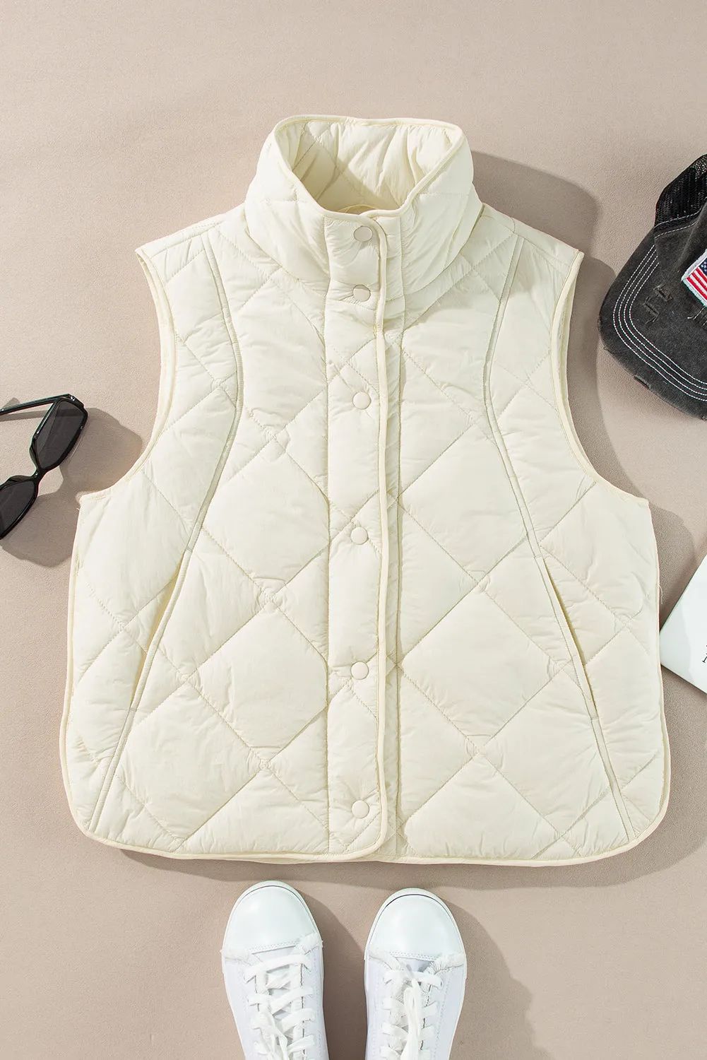 Quilted High Neck Button-Up Pocket Gilet – Beige sold by Beagle Boutique product image thumbnail 3