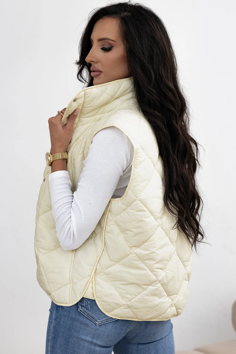Quilted High Neck Button-Up Pocket Gilet – Beige sold by Beagle Boutique product image thumbnail 5