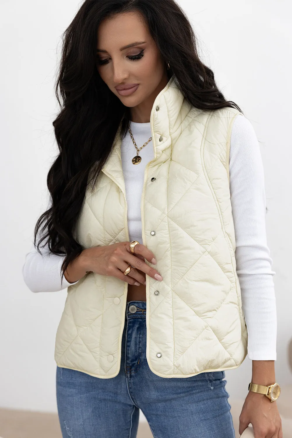 Quilted High Neck Button-Up Pocket Gilet – Beige sold by Beagle Boutique product image thumbnail 4