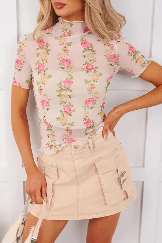 Beige Floral Print Mock Neck Short Sleeve Mesh Top made by eAura