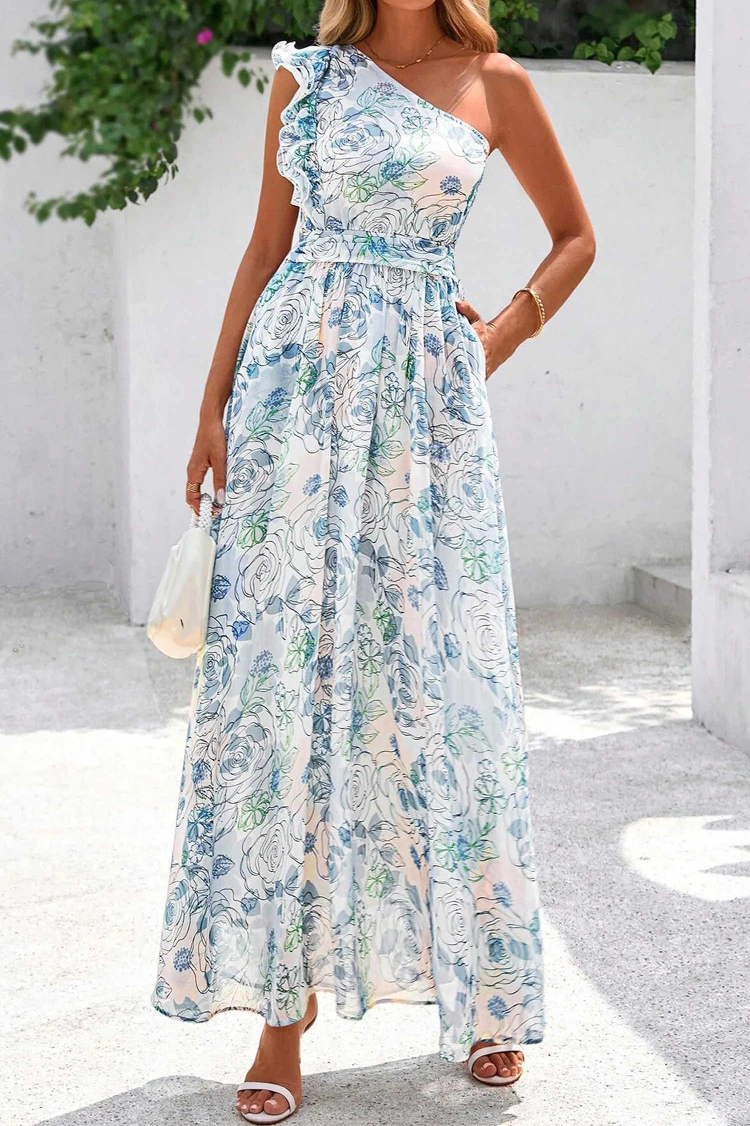 Sky Blue Floral Print Ruffled One Shoulder Maxi Dress sold by Beagle Boutique product image thumbnail 4