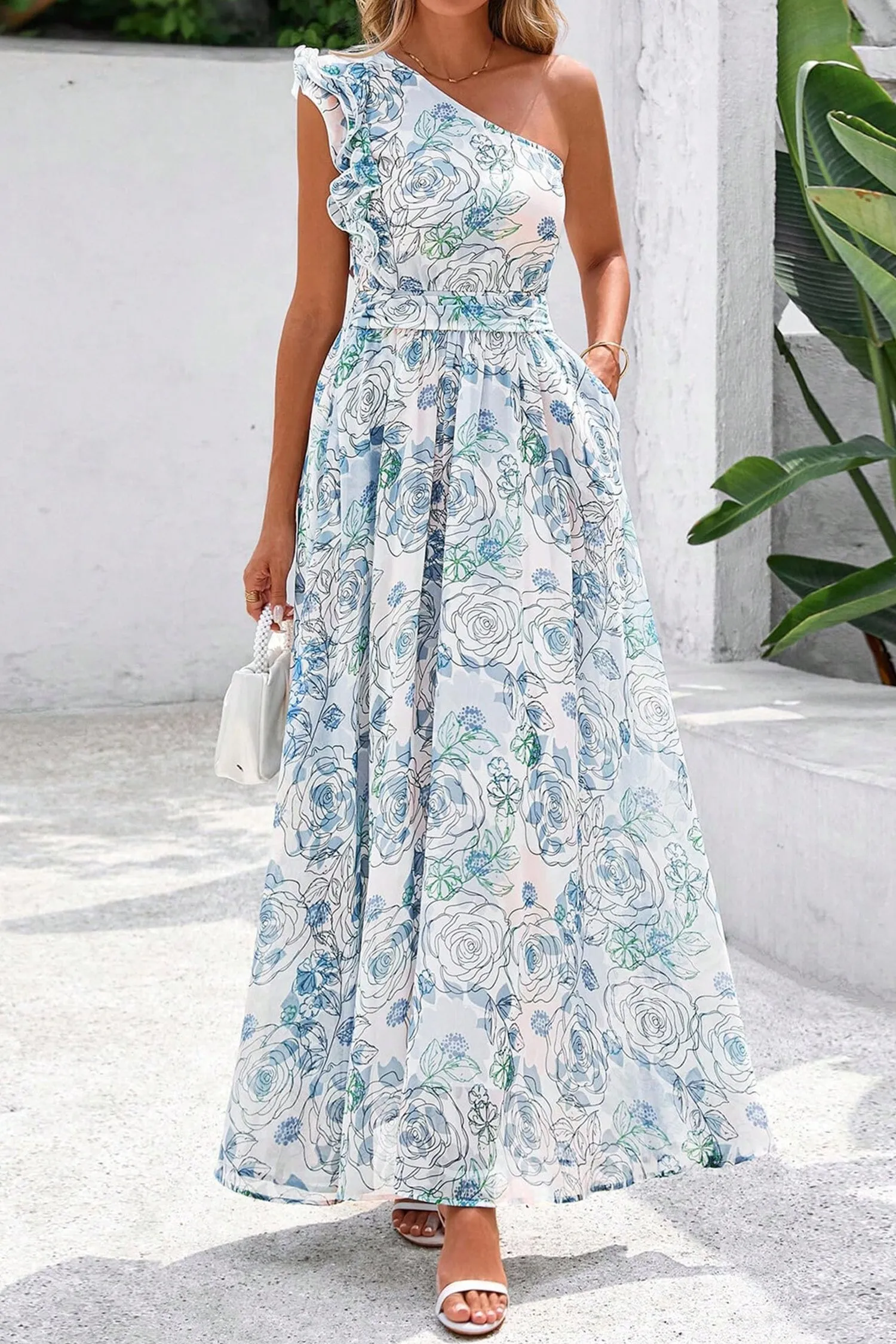 Sky Blue Floral Print Ruffled One Shoulder Maxi Dress sold by Beagle Boutique product image thumbnail 3