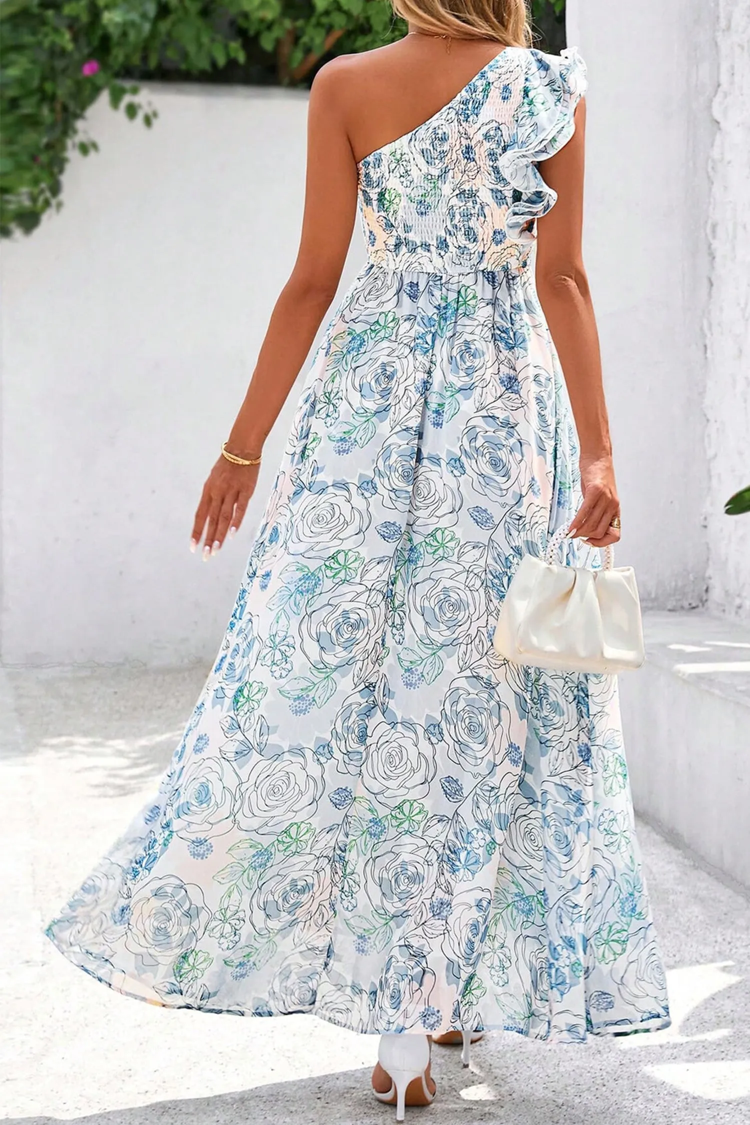 Sky Blue Floral Print Ruffled One Shoulder Maxi Dress sold by Beagle Boutique product image thumbnail 2