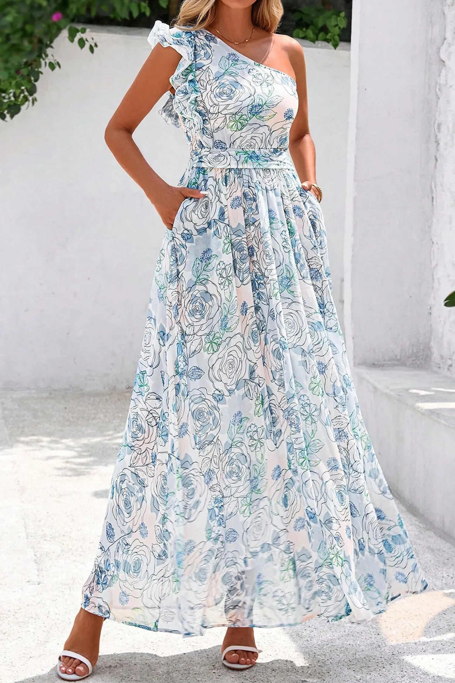 Sky Blue Floral Print Ruffled One Shoulder Maxi Dress sold by Beagle Boutique product image thumbnail 5